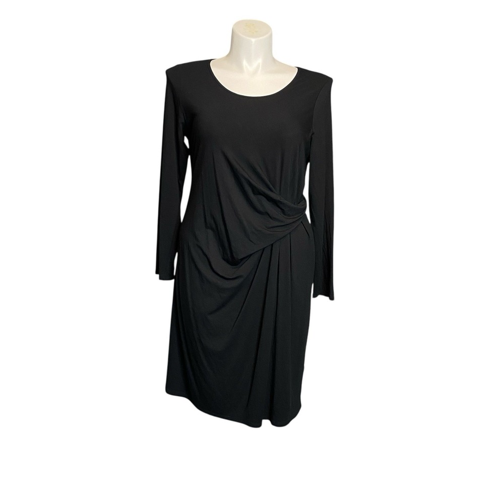 J Jill Wearever Stretch Twist Faux Wrap Drape Waist Midi Dress Black Sz L Petite